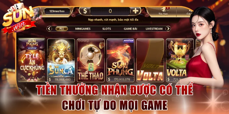 Tiền thưởng nhận được có thể chơi tự do mọi game
